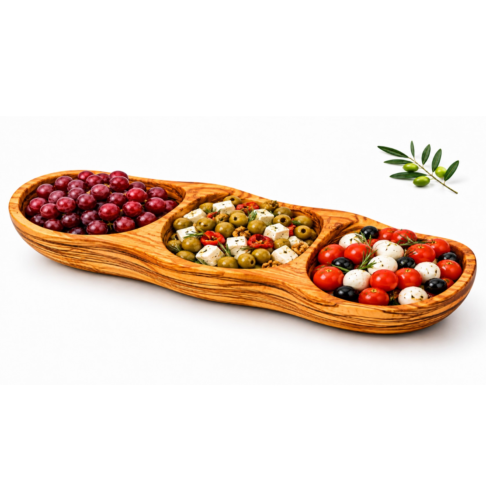Plateau apéritif artisanal en bois d'olivier avec trois compartiments 35 cm