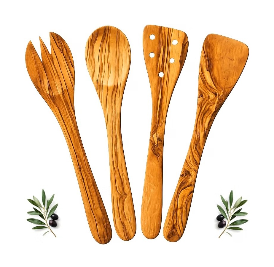 Lot de quatre cuillères et spatules en bois d'olivier 30 cm