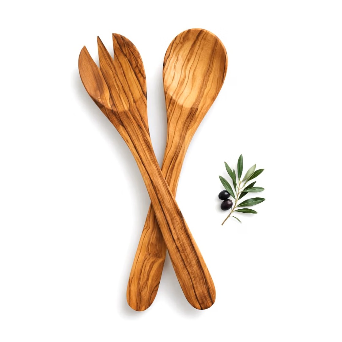 Couverts fourchette et cuillère en bois d'olivier naturel 30 cm