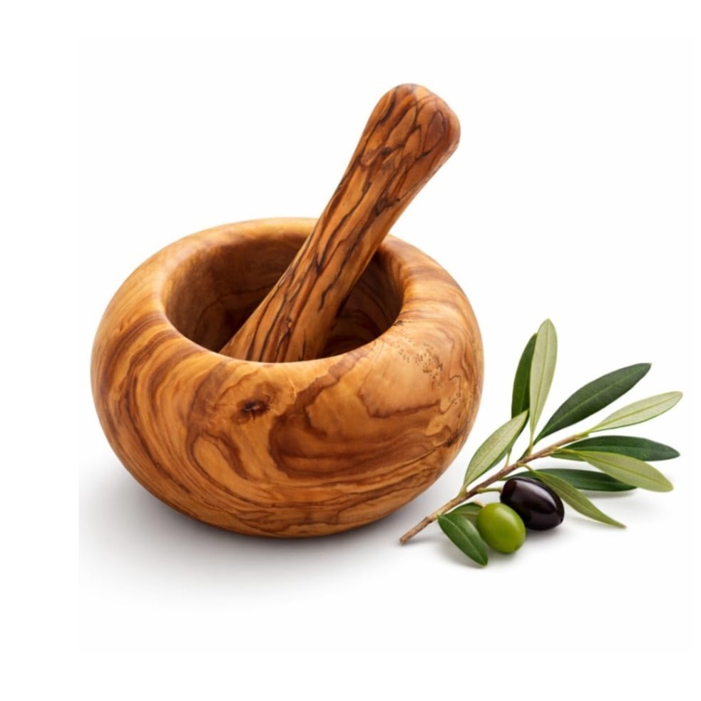 Mortier et pilon artisanal en bois d'olivier naturel 16 cm