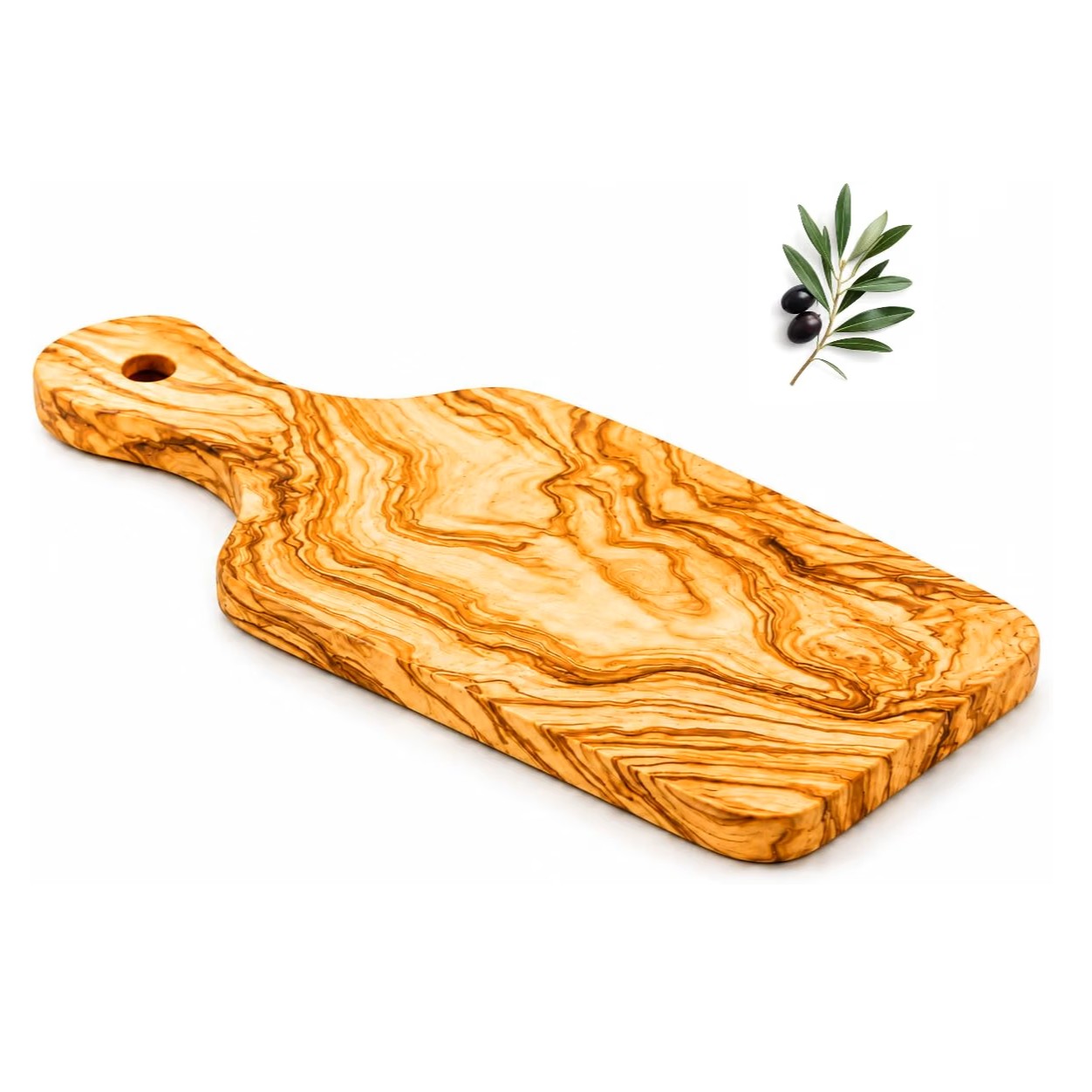 Planche à découper artisanale en bois d'olivier avec poignée 30 cm