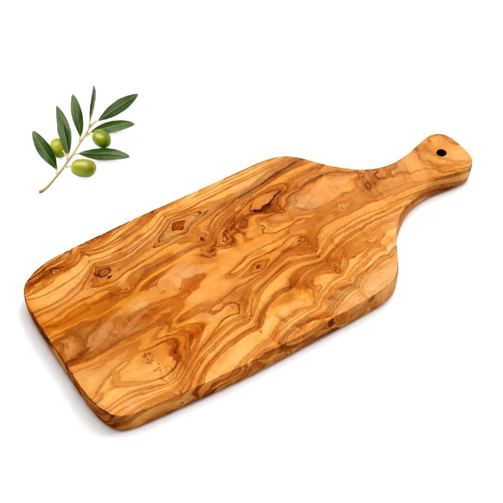 Planche à découper artisanale en bois d'olivier naturel avec poignée 40 cm