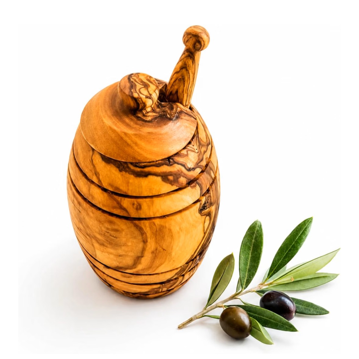 Pot à miel artisanal en bois d'olivier avec couvercle et cuillère