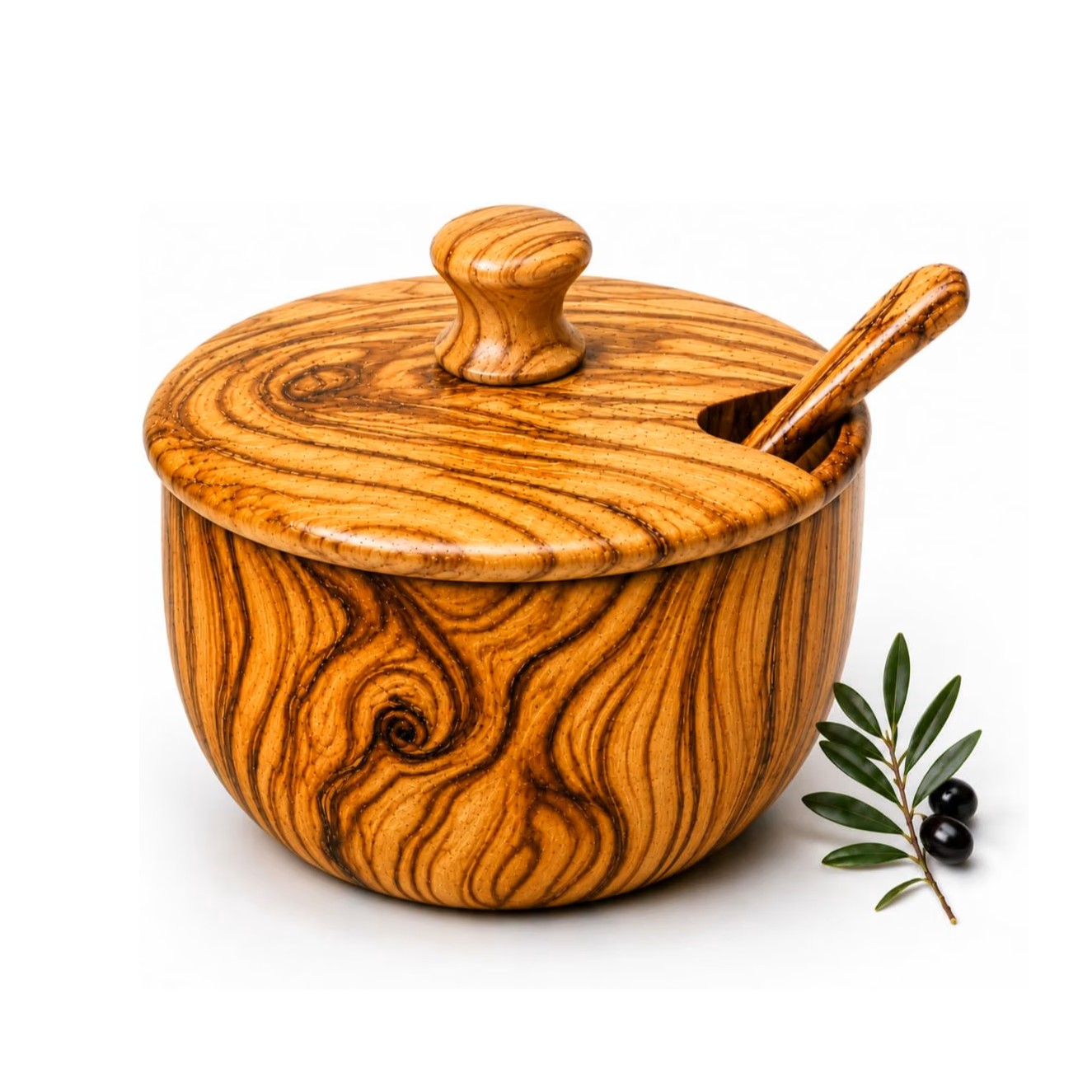 Boîte à épices en bois d'olivier avec cuillère et couvercle